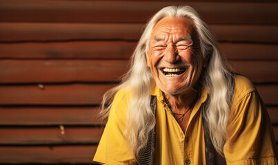 Joyful elderly Native American man with long white hair, laughing heartily, wearing a yellow shirt against a yellow wooden background, exuding warmth and vitality