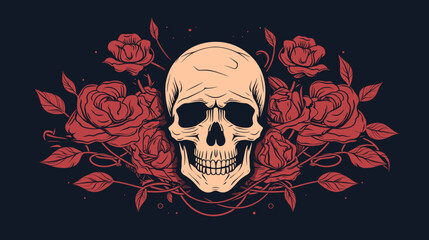 Wall Mural - Skull and roses vector illustration  combining elements of life and death in a balanced and symbolic composition. simple minimalist illustration creative