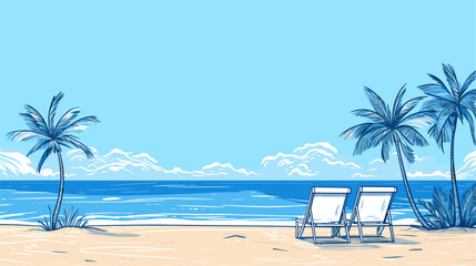 Wall Mural - Vector depiction of a tropical beach with palm trees  beach chairs  and a clear blue sky  creating a visually inviting and relaxing coastal atmosphere. simple minimalist illustration creative