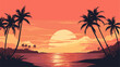 © J.V.G. Ransika - Vector illustration of a summer sunset scene  blending warm hues  silhouettes of palm trees  and a serene beach for a visually captivating and tranquil representation. simple minimalist illustration