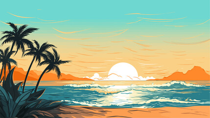 Wall Mural - Vector art background capturing the essence of summer  featuring a vibrant beach scene with golden sands  azure waters  and palm trees swaying in the warm breeze. simple minimalist illustration