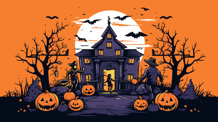 Canvas Print - halloween vector scene showcasing trick-or-treaters in costumes going door-to-door in a neighborhood