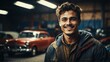 Young car repair man on the garage warehouse smiling to camera from Generative AI