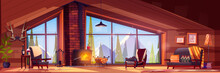 Winter Cabin Interior - Cartoon Hotel Or Rustic Chalet Cozy Living Room With Fireplace, Armchair And Table With Wine, Mountain With Snow And Spruce Trees Landscape Outside Large Panoramic Window.
