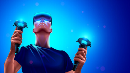 Aufkleber - Man in Virtual reality headset and VR controllers in hands. VR metaverse. Virtual reality gamer. Young guy wearing 3d VR headset glasses playing computer video game in metaverse. Virtual reality.