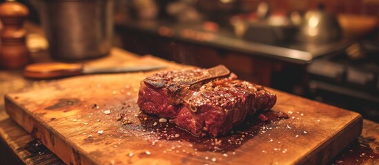 Poster - Wooden table used to chop beef for a mouth-watering homemade burger.