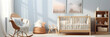 Cozy little child room with rocking chair and bed. Blue walls and hanging mockup frames. Panoramic header. 