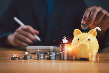 Poster - Interest rate and dividend concept, businessman calculating income and return on investment, save, income, return, retirement, compensation fund, investment, dividend tax, stock market, saving, trade.