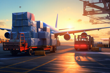 Poster - airplane cargo transportation by plane, unloading containers of boxes at the airport