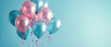 Gentle Celebration: Pastel Balloons Floating on Light Blue Backdrop