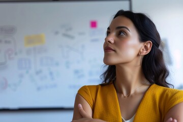 female entrepreneur brainstorming, whiteboard in background