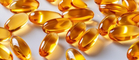 Poster - Golden yellow, transparent capsules containing various vitamins and oils are arranged on a light gray background.