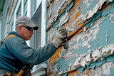 Fototapeta  - workers who inspect and repair damaged exterior siding, emphasizing the exterior aspect of an apartment or home renovation.