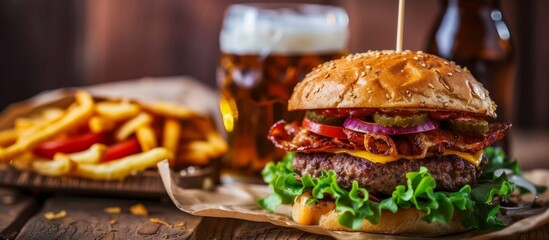 Sticker - Delicious burger and beer on table