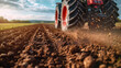 Close-up action shot of a tractor plowing a field, with soil particles flying in the warm light of the setting sun, depicting agricultural labor..
