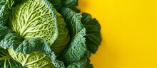 Fresh Organic Cabbage Photographed Up Close Against A Yellow Background.