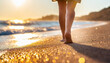 Closeup of woman feet walking on sand beach during a golden hour sunset. Travel and relaxing