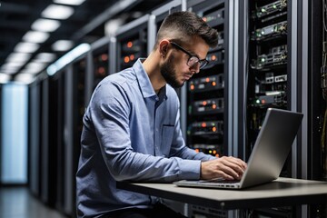 young engineer checking network system with computer laptop in data center room.