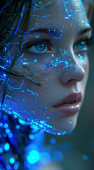 Wall Mural - realistic image of a beautiful woman with elements such as motherboard, cyborg, blue circuit, futuristic, artificial intelligence, blue electric tones, semi-transparent skin 