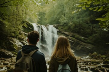 Wall Mural - couple looking at a waterfall in the woods