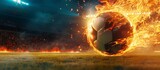 Fototapeta Sport - Fiery soccer ball speeds towards stadium field.
