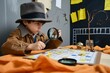 boy in detective outfit with magnifying glass near clue board