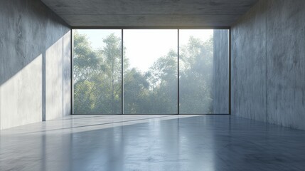 Wall Mural - Empty interior with floor, concrete wall and panoramic window. 