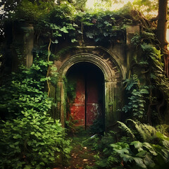 Poster - A mysterious doorway in a lush garden. 