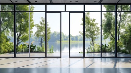 Wall Mural - Large windows black aluminum swing doors nature view 