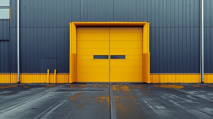 Opening yellow iron shutter door of garage and industrial building warehouse exterior facade with grey concrete road.