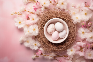 Easter eggs in nest with flowers