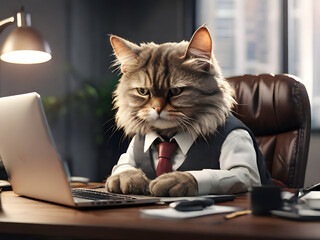 Wall Mural - A professional Boss cat working on a Laptop in the office