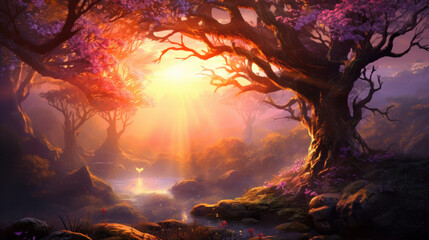 Wall Mural - Enchanted forest scene with mystical trees and magical light. Fantasy background.