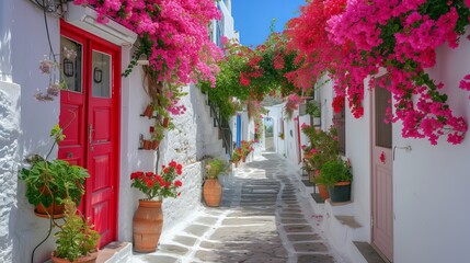  View of white street and flowers in Bodrum city of Turkey. Aegean style colorful street, wall, house and flowers in Santorini. White wall, red doors and flowers. 