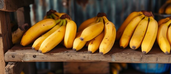 Sticker - Bananas displayed on a wooden shelf in closeup.