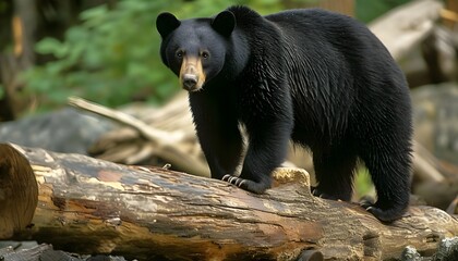 american black bear stands on logs