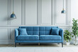 © Postproduction - Elegant blue sofa in modern living room interior design. Home decor and furniture.