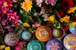 table with colorful ceramic dishes, surrounded by flowers