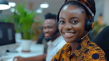 Canvas Print - A couple of customer care agents from Africa in a modern and professional office setting. Generative AI.