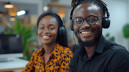 Canvas Print - A couple of customer care agents from Africa in a modern and professional office setting. Generative AI.