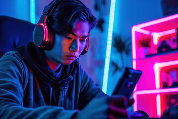 Gamer with headphones engrossed in online gaming on smartphone. Digital entertainment and esports.