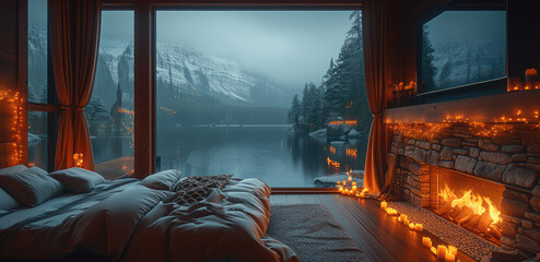 Wall Mural - Inside A very dark lit, cozy, rustic decorated bedroom with large stone fireplace and Lake view. Generative AI.