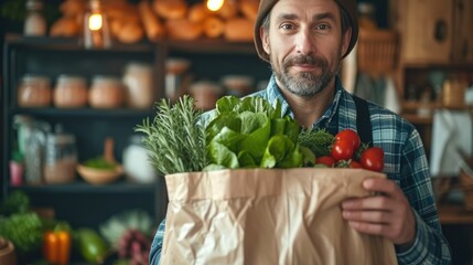 A delivery food service at home. Man courier delivered the order bag with food. Generative AI.