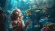 Close-up of a beautiful smiling little girl watching the fish in the aquarium. Sightseeing, Travel, Entertainment and fun family weekend concepts.