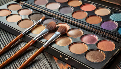 Wall Mural - Colorful eye shadows palette close up. Cosmetic make up product