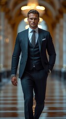 Poster - Business man in suit walking on the catwalk. Generative AI.