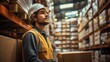 Male worker in a warehouse with carton box near, blurred shelves stacks background. Generative AI.