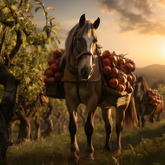 Wall Mural - Pack horse carrying apples in an orchard with sunset. Concept of food transportation, logistics and cargo.