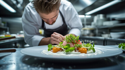 Poster - A Chef plating a gourmet dish in modern kitchen. Generative AI.