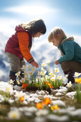 Wall Mural - Children playing with flowers and grass growing through the melting snow. Concept of spring coming and winter leaving.